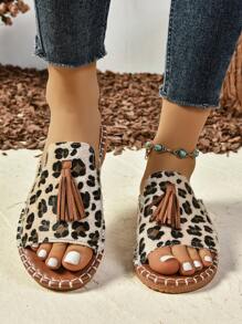 Sandalias planas con flecos para mujer, chanclas impermeables para playa, calzado antideslizante casual y a la moda para exteriores - Blanco y Negro - Ver 2