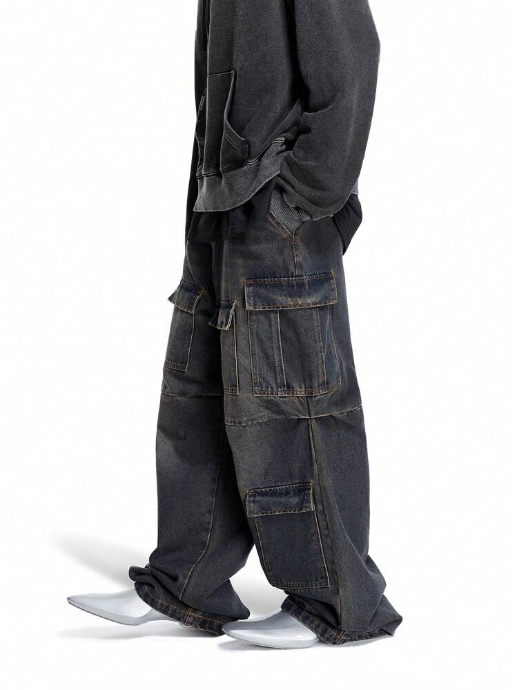 Manfinity EMRG Men's Vintage Dark Blue-Grey Denim Utility Baggy