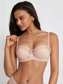 Contrast Lace Bow Front Bra Lingerie - Apricot - View 3