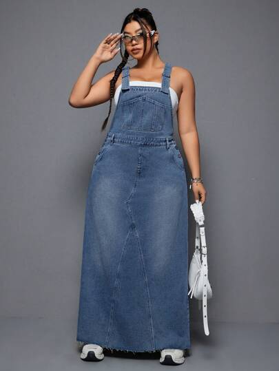 SHEIN ICON 夏季加大码纯色牛仔无袖连衣裙，配有口袋和宽肩带