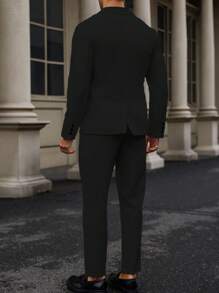 Manfinity Mode Men's Solid Color Buttoned Suit Jacket And Pocketed Dress Pants Business Suit Set - Black - View 2