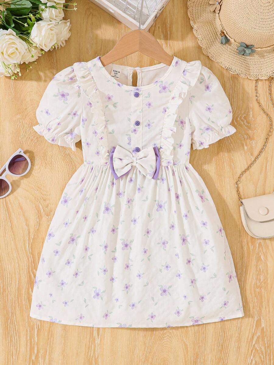 Young Girl Summer Ditsy Floral Patchwork Ruffle Short Puff Sleeve Dress With Bow Decoration, Cute - Apricot - View 1