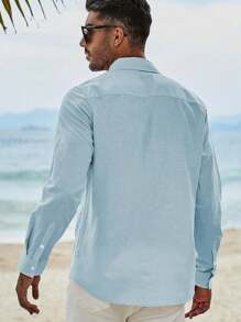 Men Solid Color Long Sleeve Casual Business Shirt, Summer, Fall - Baby Blue - View 2
