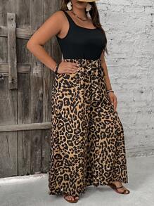 SHEIN VCAY Mono de verano de talla grande con cuello redondo, estampado de leopardo y cinturón, estilo bohemio