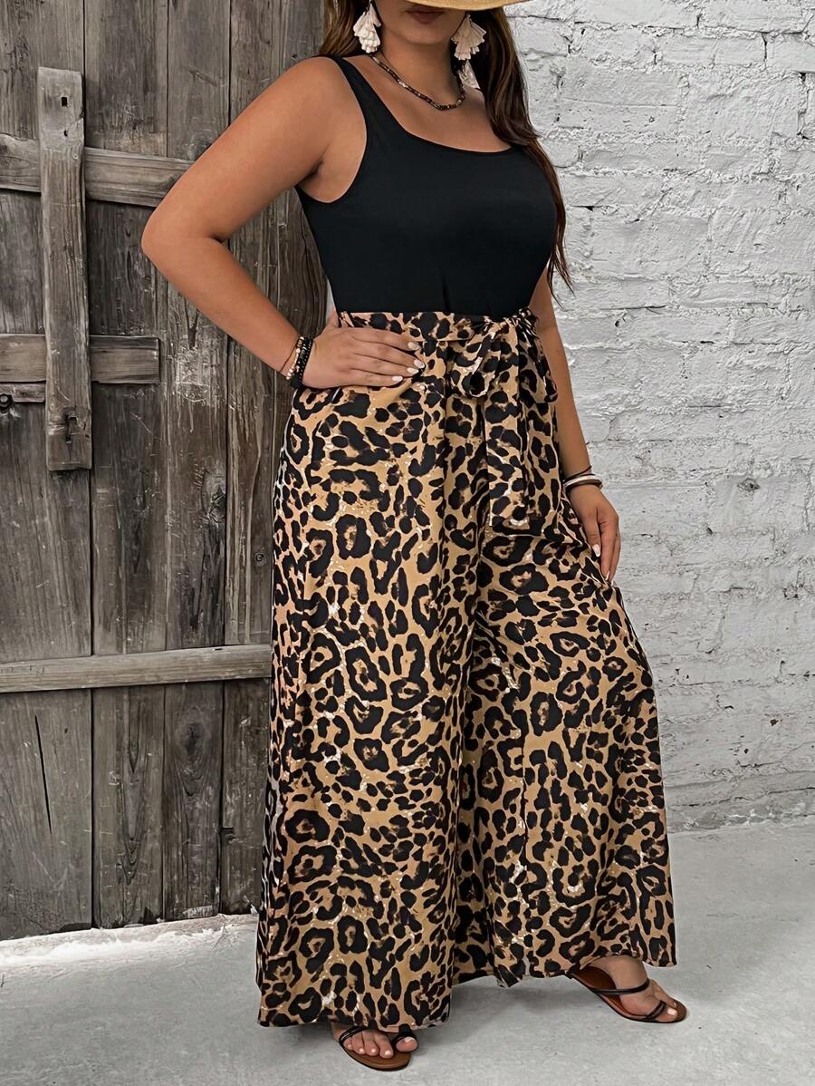 SHEIN VCAY Mono de verano de talla grande con cuello redondo, estampado de leopardo y cinturón, estilo bohemio