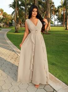 SHEIN SXY V-Neck Belted Ruffle Hem Back Tie Summer Sleeveless Elegant Dress - Apricot - View 5