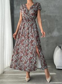 RueChic Paisley Pattern Vacation V-Neck Elastic  Waist High Slit Vacation Maxi Dress - Multicolor - View 5