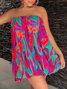 SHEIN SXY 收褶泡泡印花短款無肩帶假期連衣裙 - 彩色 - 查看 7