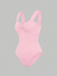 Sweetra Women's Solid Color Twisted Shoulder Strap Sleeveless Bodysuit, Summer - Pink - View 5
