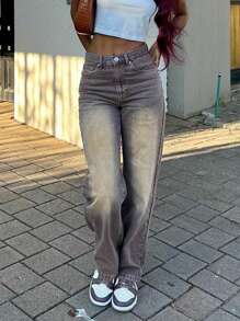 NVFelix 2025 New Women's Summer Outdoor Casual High-Waisted Shadow Straight-Leg Jeans - Burgundy - View 1