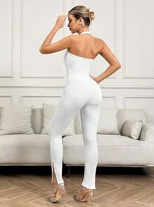 SHEIN ICON Y2k Spring And Summer Casual Solid Color Front Zipper Halter Skinny Jumpsuit - White - View 2