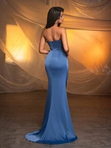 Glamrae Elegant, Gorgeous And Sexy Dark Blue Elastic Knitted Shiny Satin Corset V-Neck Swing Collar Pleated Three-Dimensional Fishbone Bra Fishbone Pressed Line High Waist Slimming High Side Slits Fishtail Draped Side Back Trailing Versatile Date Single Holiday Party Heavy-Duty Graduation Season Wedding Event Dinner Dress