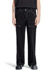 Manfinity Hypemode Men's Loose Straight-Leg Jeans With Contrast Stitching And 3D Cut, Black - Black - View 4