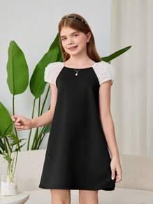 Tween Girl Loose Elegant Color-Block Puff Sleeve Dress With Back Bow Decoration