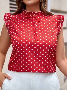 SHEIN Clasi Blusa de verano elegante con cuello alto, manga corta y volantes con estampado de lunares para mujer de talla grande - Rojo y blanco - Ver 4