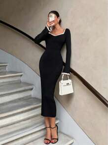 EURMUSE Contrast Binding Sweetheart Neck Raglan Sleeve Long Bodycon Sweater Dress - Black and White - View 1