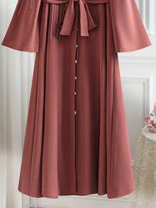 Al Najma Đầm dài tay cổ tròn thắt lưng thanh lịch có cúc phía trước dành cho nữ - Hồng - Xem 5