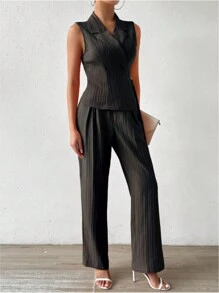 Chiquease Women's Summer Casual Solid Color Wrap Sleeveless Top And Long Pants Two-Piece Set - Black - View 4
