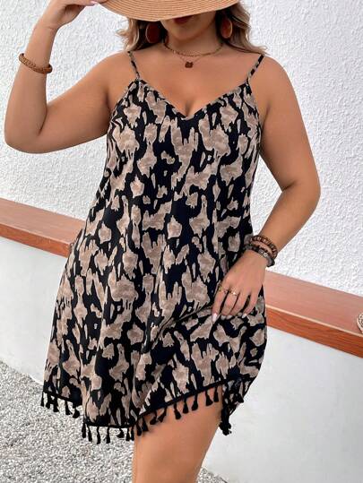 SHEIN VCAY Vestido de verano bohemio con tirantes tipo spaghetti y dobladillo con flecos para talla grande