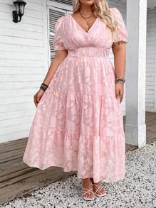 SHEIN CURVE+ Váy dài tay bồng họa tiết hoa mỏng cổ tim cỡ lớn mùa hè - Hồng - Xem 5