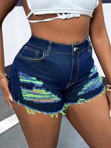 SHEIN SXY Plus Size Sexy Tight-Fitting Denim Short With Distressed Design, Blue - Dark Wash - View 5