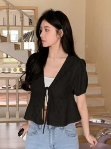 Dazy Designer 女式短款设计吊带开衫T恤夏季，荷叶边 - 黑色 - 查看 6