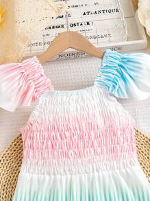 女孩夏季時尚休閒連衣裙，帶荷葉邊裝飾 - 彩色 - 查看 3