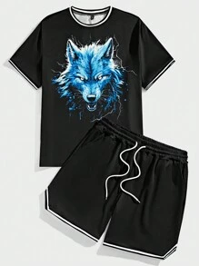 Manfinity LEGND Ensemble de t-shirt décontracté à manches courtes à col rond avec impression de loup d'été et short à taille élastique pour homme de grande taille - Noir - Voir 4