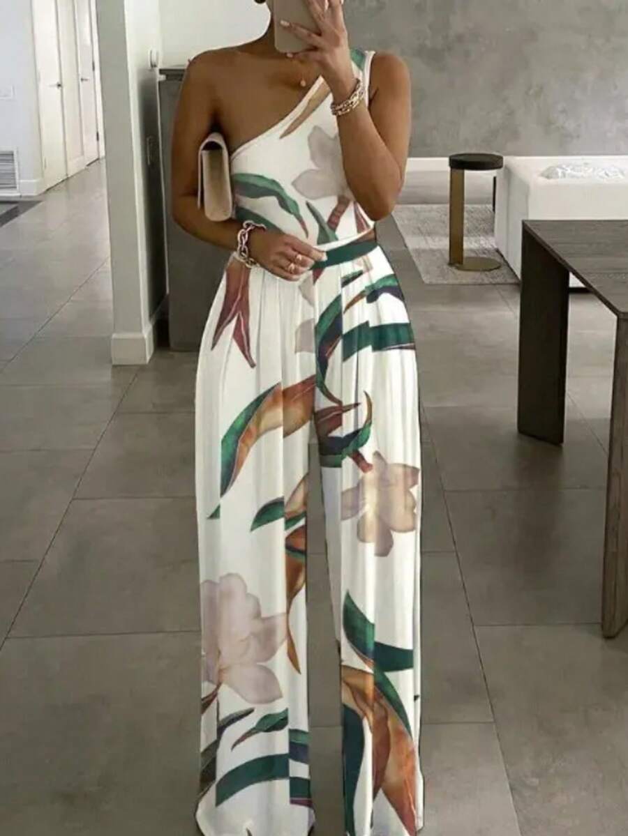 Elegant And Versatile One-Shoulder Flower Printed Wide-Leg Jumpsuit For Summer Commute - Multicolor - View 1