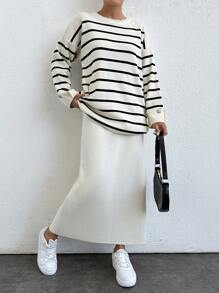 EURMUSE Striped Pattern Drop Shoulder Sweater & Knit Skirt - Black and White - View 4