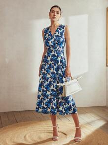 MOTF Classy 全印花交叉領口斜口袋束腰裙 - 藍色 - 查看 8