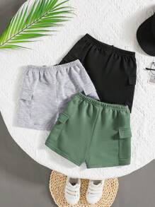 SHEIN 嬰兒男女三件套，簡約時尚拼接設計短褲，帶裝飾繩和彈性腰帶，適用於夏季