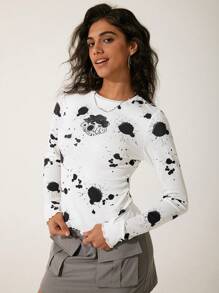 GAWX 艺术家女士卡通印花修身长袖 T 恤，春/夏图案 T 恤，适合假期、度假、节日、伊比沙岛装扮、西方服饰 - 白色 - 查看 6