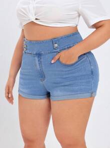 大尺碼女士時尚牛仔短褲，設有彈性腰部設計 - 藍色 - 查看 5
