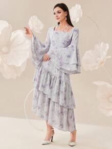 Modelyn 女士优雅花卉印花长袖连衣裙，方形领口，荷叶边下摆，短袖，夏季长款晚礼服 - 彩色 - 查看 7