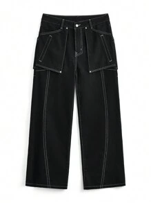 Manfinity Hypemode Men's Loose Straight-Leg Jeans With Contrast Stitching And 3D Cut, Black - Black - View 8