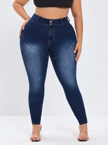 Quần Jeans Slim Fit Nâng Mông Plus Size Có Mối Nối Denim Giặt - Rửa tối - Xem 4