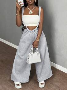 Slaydiva Pantalones largos grises casuales de pierna ancha con cordón - H