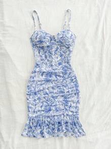 Soleia 藍白色復古網狀花卉緊身連身裙 (附胸墊)，針織彈性材質，有褶皺設計，浪漫休閒度假裝扮適用於女性 - 藍白色 - 查看 3