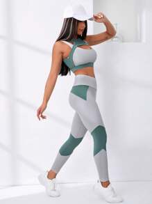 Easithlete 2pcs Softness Fitness Yoga Suit Gym Set Two Tone Cut Out Top Wide Waistband Leggings - Multicolor - View 6
