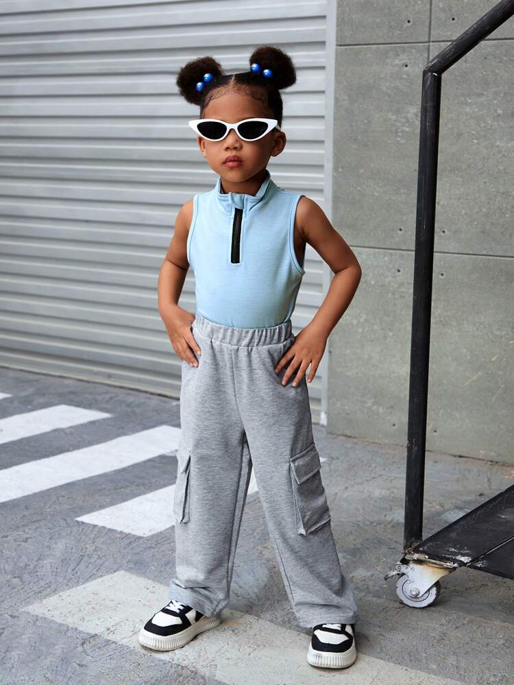 Girls' Stand Collar Sleeveless Top With Half Zipper + Casual Sports Pants With Big Pockets, 2pcs/Set