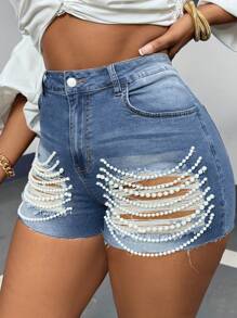 Slaydiva 加肥碼性感藍色牛仔短褲，帶流蘇和撕裂設計，彈性腰帶 - 中等水洗藍 - 查看 3