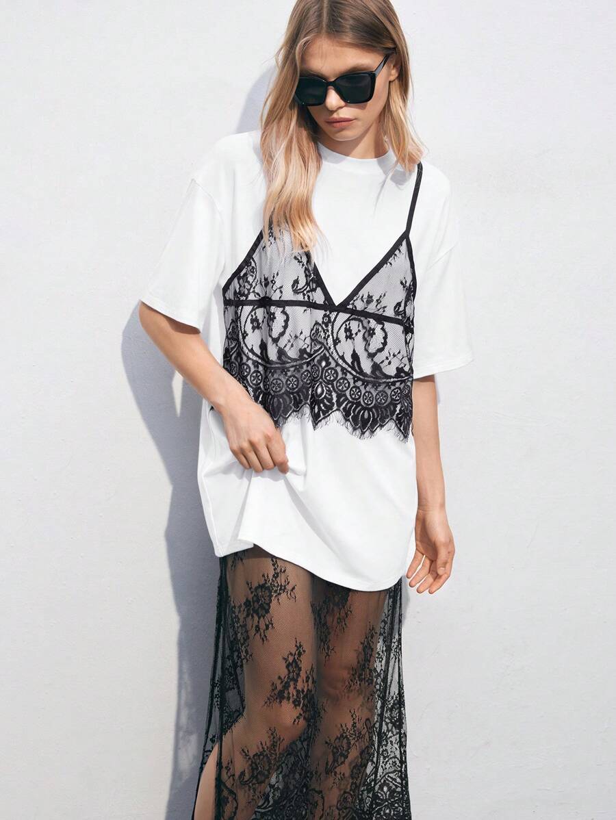 Maija Unabhängigkeitstag Juli Outfit: Ärmelloses Chiffon Splice verziertes Top und schwarzer sexy Mini Rock 2-teiliges Set, geeignet für Sommerurlaub und Reisen