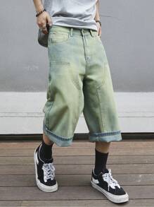 Manfinity Roghcode Men's Loose Fit Wide Leg Denim Capri Pants With Pockets - Blue - View 3