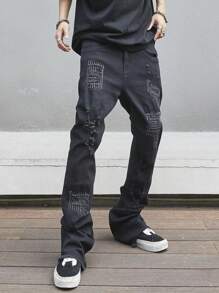 Manfinity EMRG Men's Slim Flared Jeans With Distressed Pockets And Ripped Design