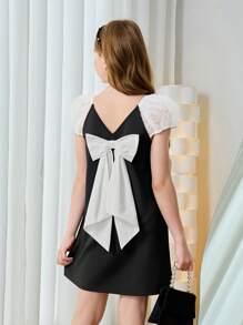 Tween Girl Loose Elegant Color-Block Puff Sleeve Dress With Back Bow Decoration