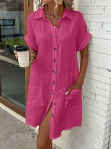 SHEIN LUNE 女士簡約舒適寬鬆棉麻襯衫連衣裙，配有雙口袋 - 玫紅色 - 查看 5