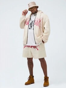 Manfinity VCAY 2 piezas Chaqueta con capucha de manga larga suelta de hombros caídos con estampado de letras y pantalones cortos casuales de unicolor para hombre de talla grande, para usar a diario en otoño e invierno