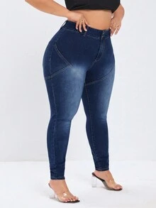 Quần Jeans Slim Fit Nâng Mông Plus Size Có Mối Nối Denim Giặt - Rửa tối - Xem 5