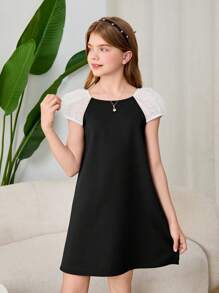 Tween Girl Loose Elegant Color-Block Puff Sleeve Dress With Back Bow Decoration